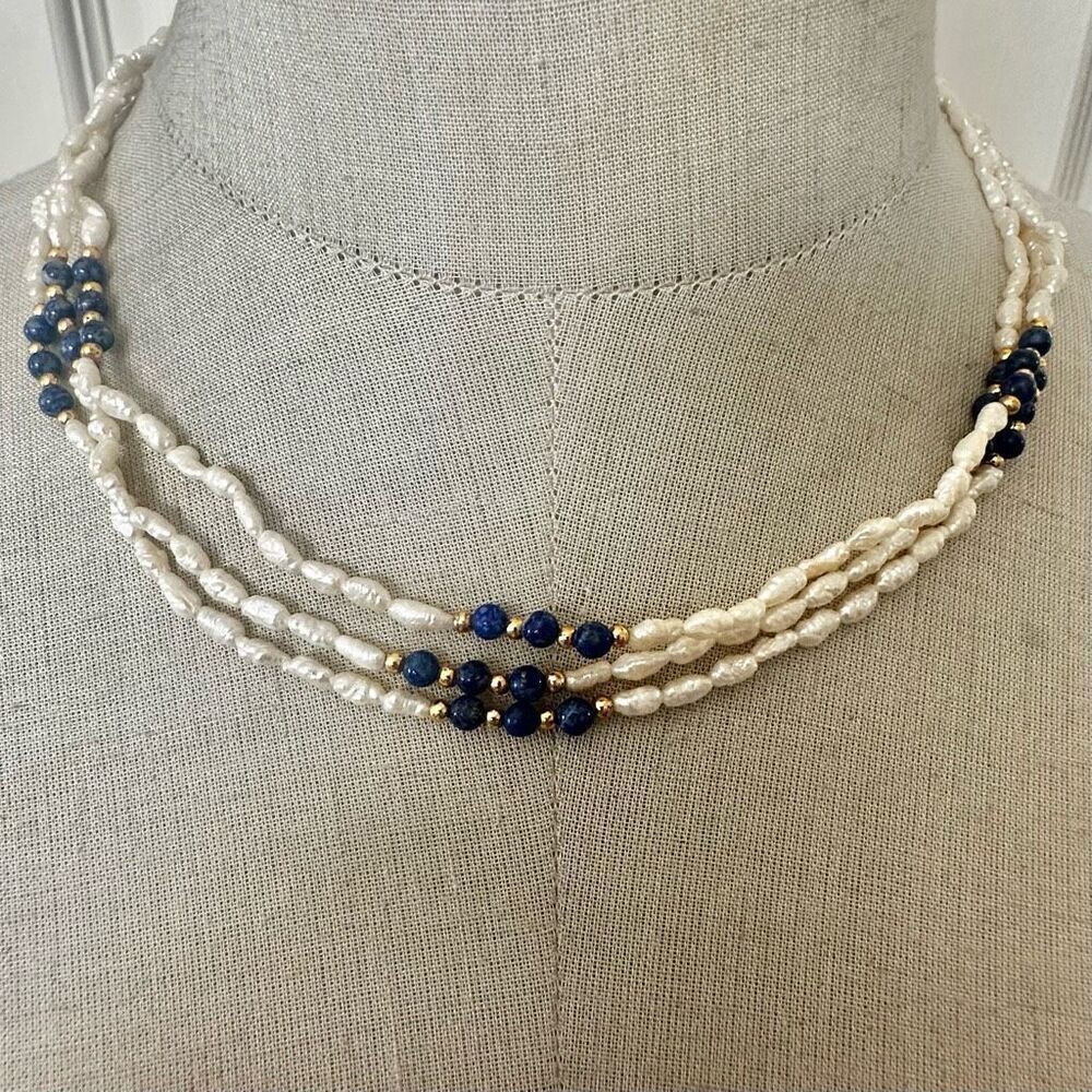 Vintage Triple-Strand Freshwater Pearl & Lapis Lazuli Necklace